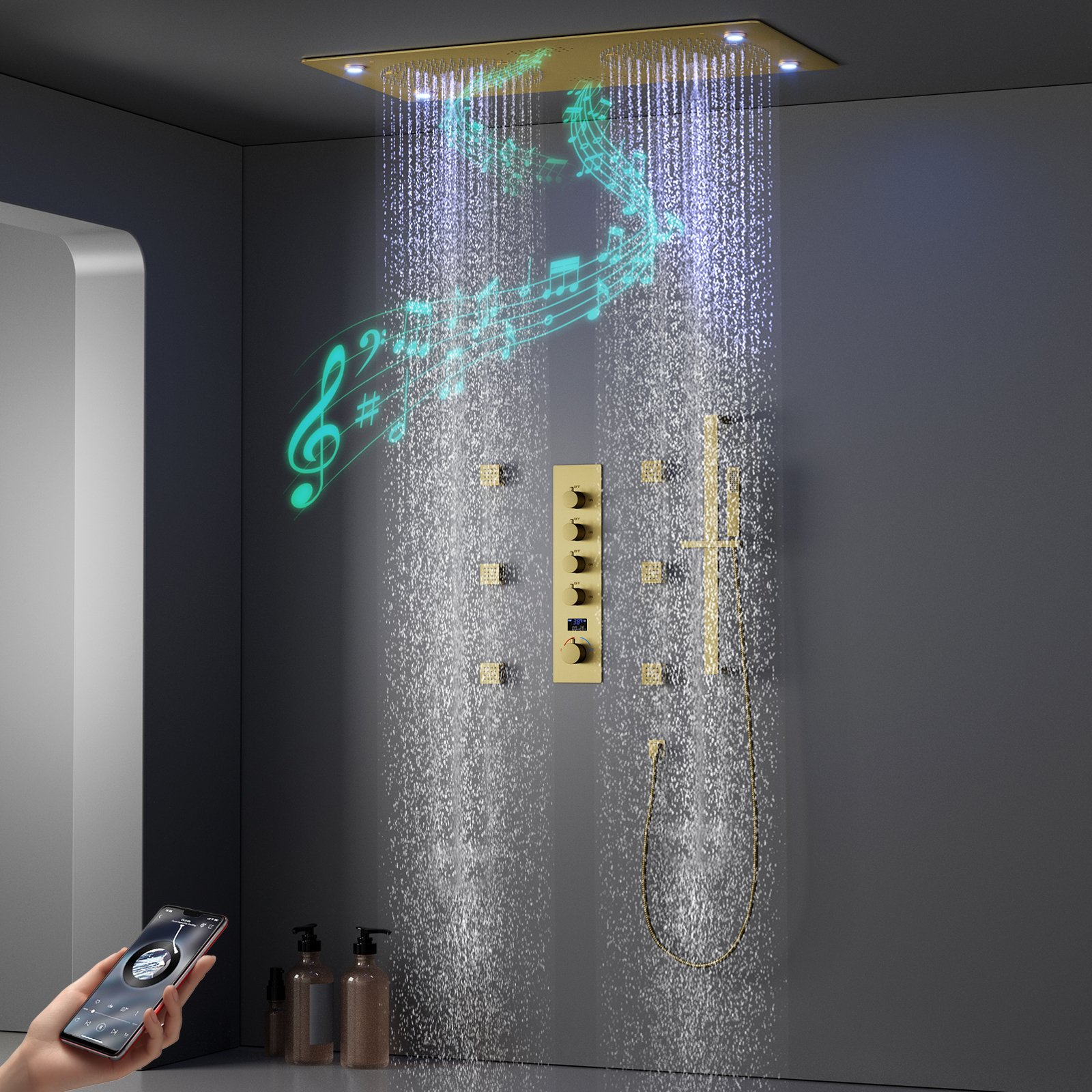 Chuveiro de chuva com spray de teto, chuveiro com música led, conjunto dourado, spray de chuva, massagem, termostato, sistema de chuveiro