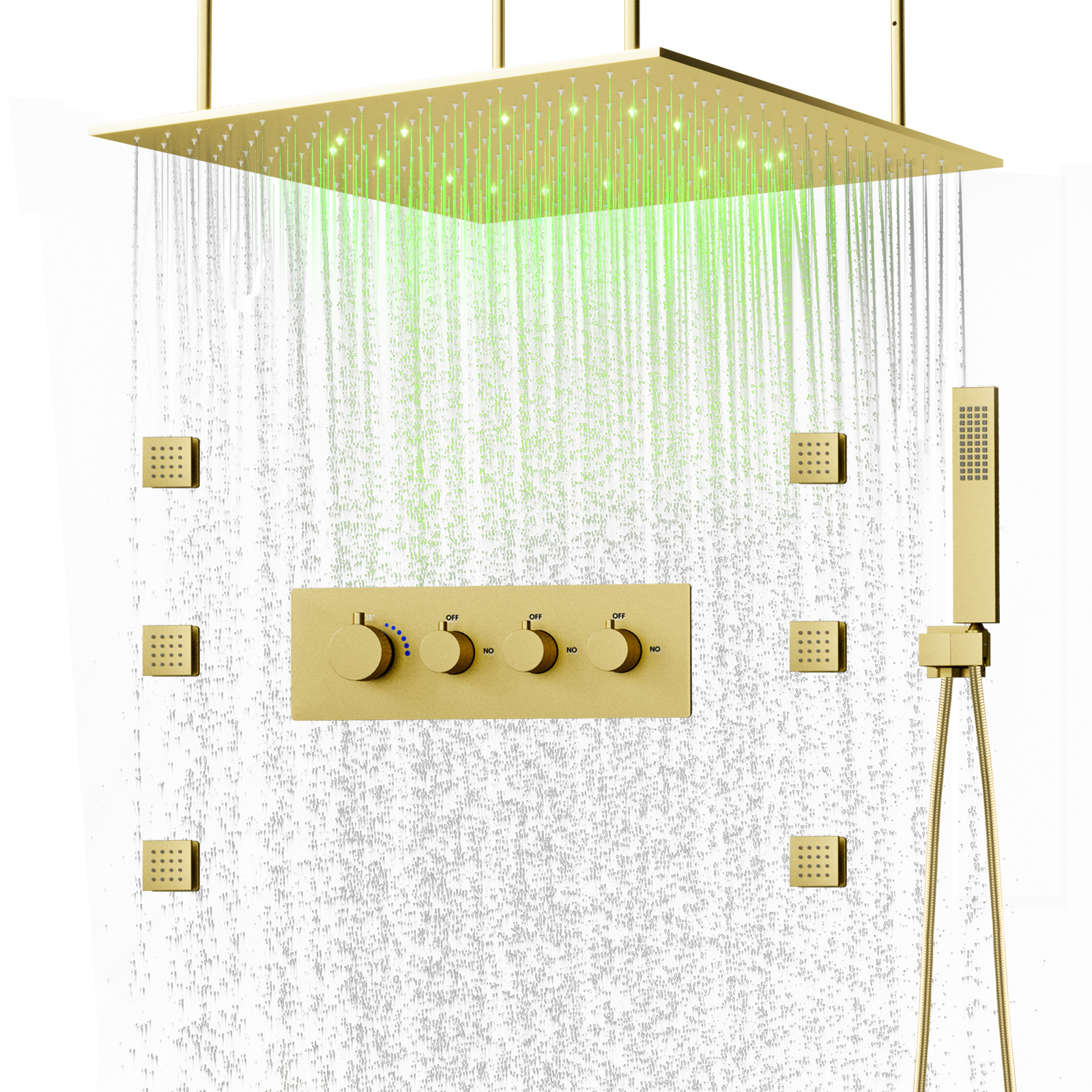 Ouro escovado sistema de chuveiro luxo chuva led cabeça chuveiro teto chuva termostática válvula mistura pulverizador portátil