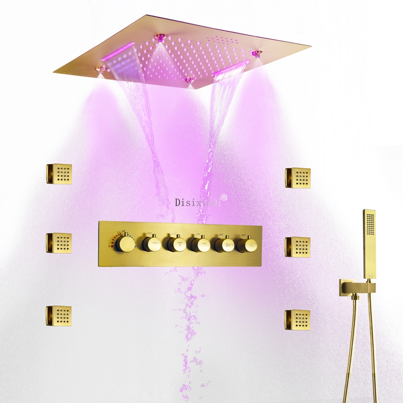 Montado no teto sus304 500*500 led música cabeça de chuveiro chuvas cachoeira névoa termostática corpo bronze banheiro torneira do chuveiro conjunto
