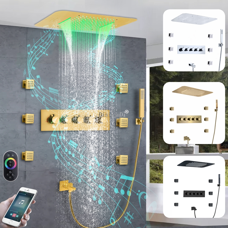 Cabeça de chuveiro embutida de teto 23 * 15 polegadas música LED chuva cascata banheiro sistema de torneira de chuveiro termostática