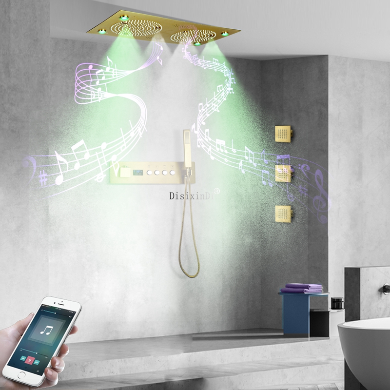 620*320mm Teto LED Música Cabeça de Chuveiro LED Display Digital Constante Termostática Banheiro Conjunto de Torneira de Chuveiro Dourado