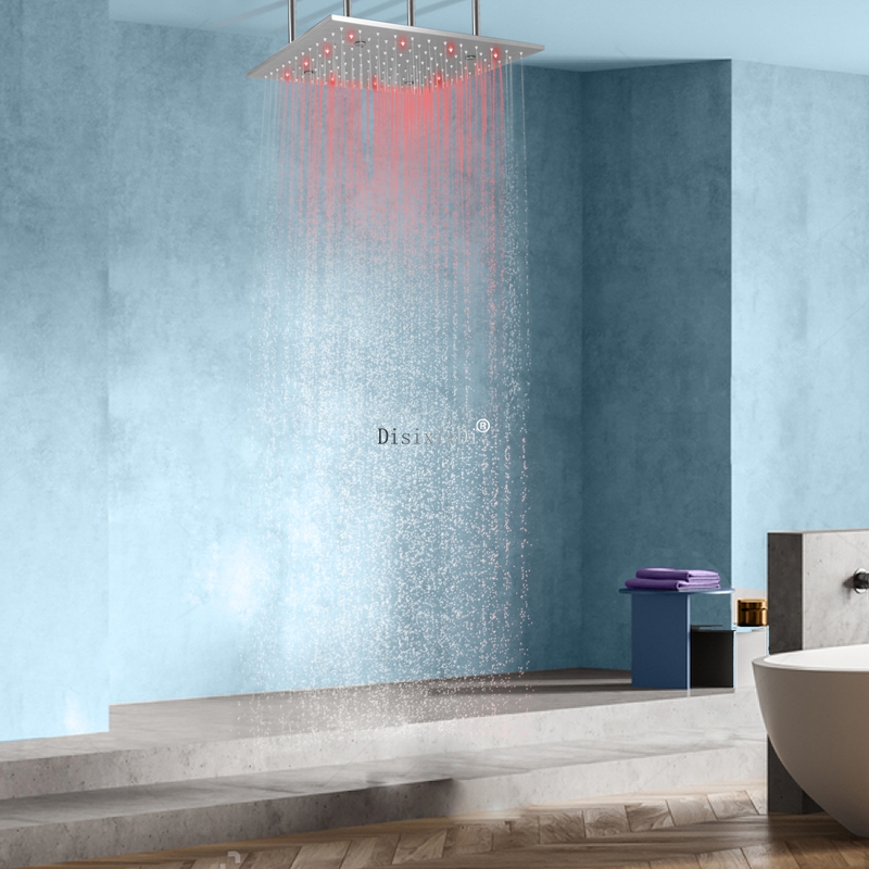 Sistema de cabeça de chuveiro escovado de 16 polegadas, aço inoxidável 304, banheiro, instalação de teto LED, misturador de chuveiro com névoa de chuva