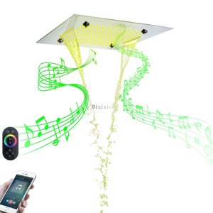 Cabeça de chuveiro LED cromada polida com alto-falante musical Chuva enevoada e chuveiro tipo cascata com teto de 20 polegadas embutido