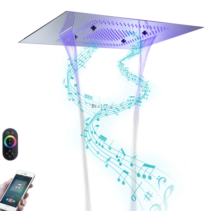 Cabeça de chuveiro musical para banheiro, luzes LED 304 SUS, sistema de chuveiro embutido no teto