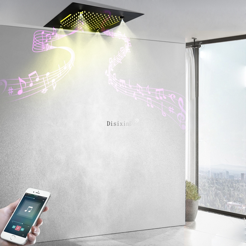 Preto fosco 3 funções 500 * 500mm LED Cabeça de chuveiro para banheiro com alto falante musical Sistema de chuveiro em cascata