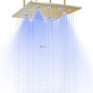 Ouro escovado 400x400mm teto névoa chuva LED cabeça de chuveiro 304 SUS duas funções banheiro torneira de chuveiro embutida