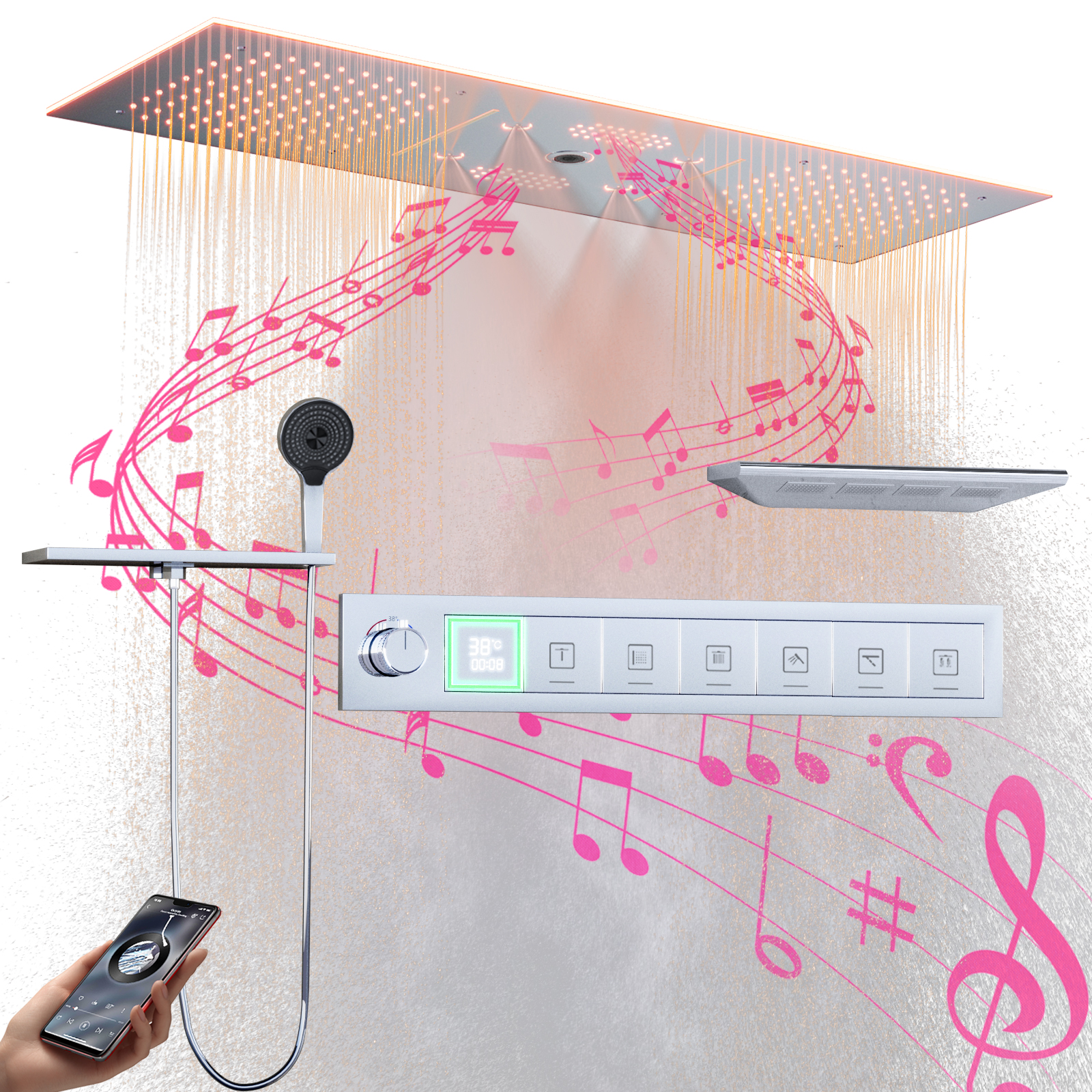 Banheiro luxuoso, 6 funções, sistema de chuveiro LED, 90x30cm, coluna de água atomizada, placa de chuveiro de chuva com cabeça de spray quadrada