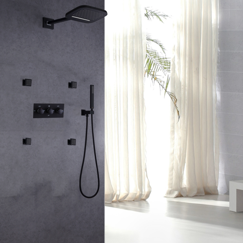 Luxuoso fácil fosco preto chuveiro misturador banheiro sistema de chuva cachoeira fria e quente com chuveiro mão