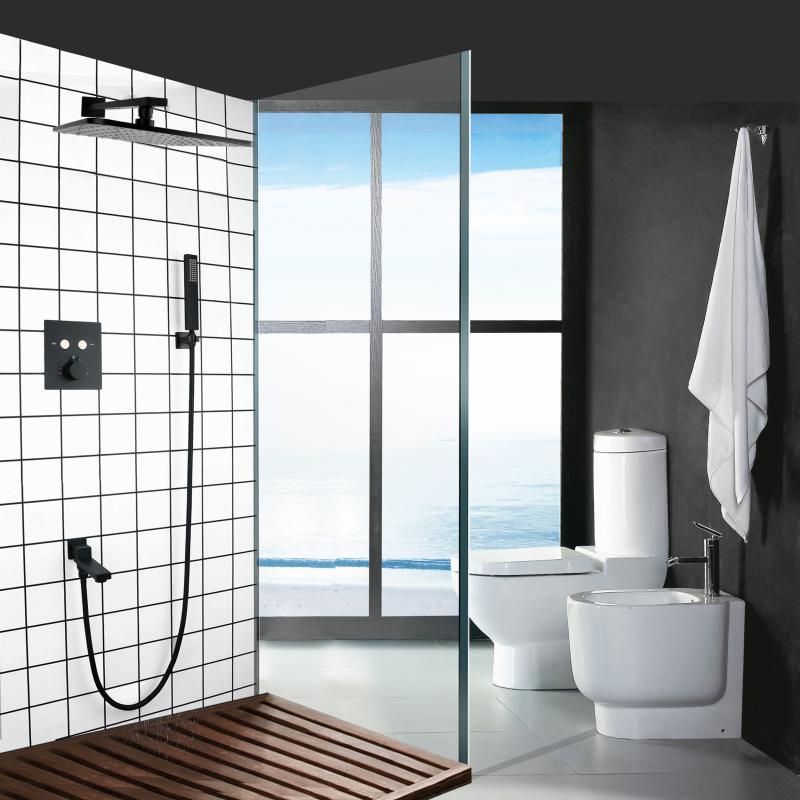 Luxo preto fosco botão termostático banho chuveiro misturador parede chuvas com mão segurar