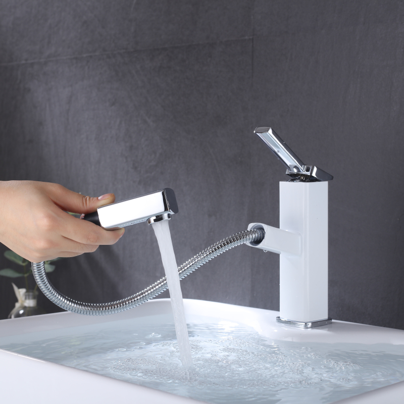 Branco + cromo polido de alta qualidade pull out torneira da bacia do banheiro torneira quente e fria pia