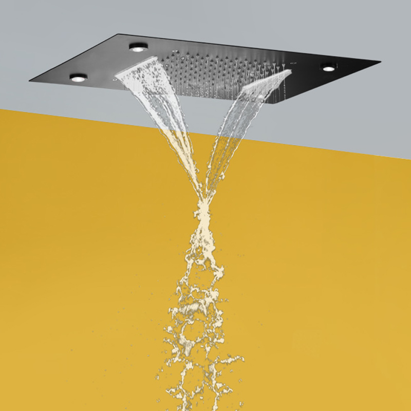 Preto fosco 50x36 cm led torneiras de chuveiro banheiro bifuncional cachoeira chuvas com mudança de temperatura de 3 cores