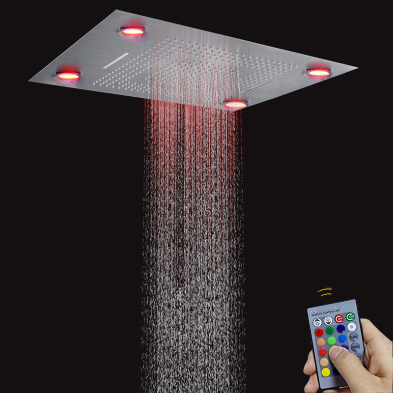 Torneira de chuveiro de banheiro de níquel escovado 80X60 CM com painel remoto de controle LED Cachoeira de chuveiro oculta de chuva