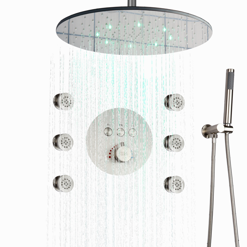 Torneiras de banheira de níquel escovado de alta qualidade Conjunto de chuveiro com temperatura controlada e cabeça de chuveiro LED colorida