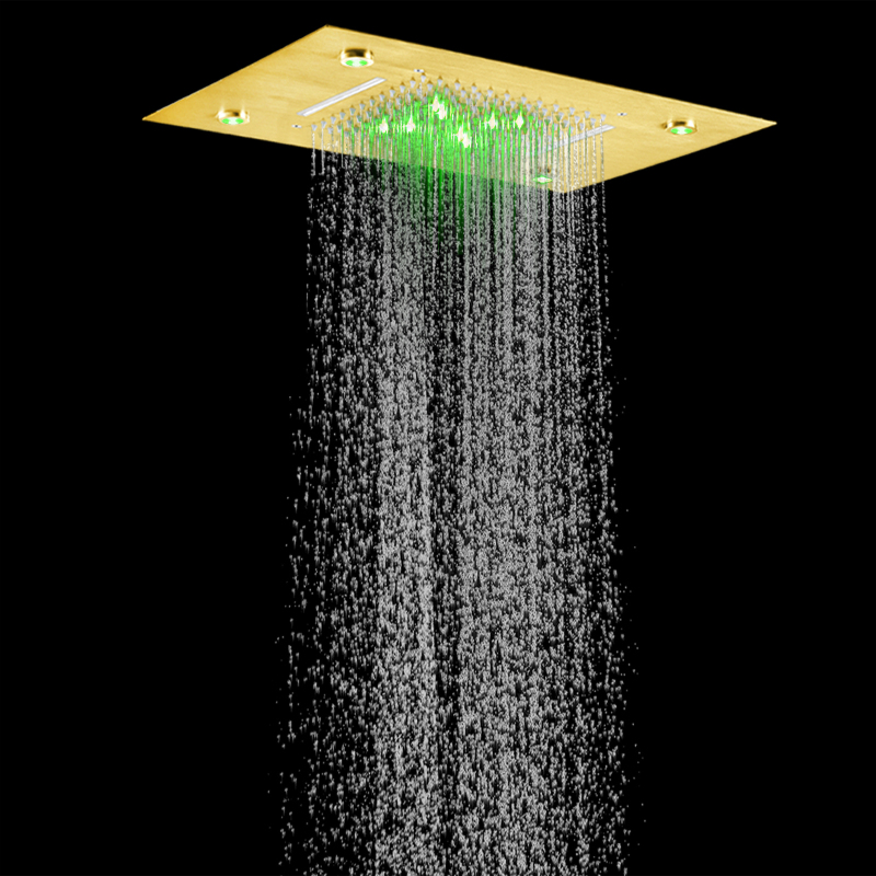 Cabeça de chuveiro de ouro escovado 50X36 CM LED Luxo Banheiro de alto fluxo Bifuncional Cachoeira Chuveiro de chuva