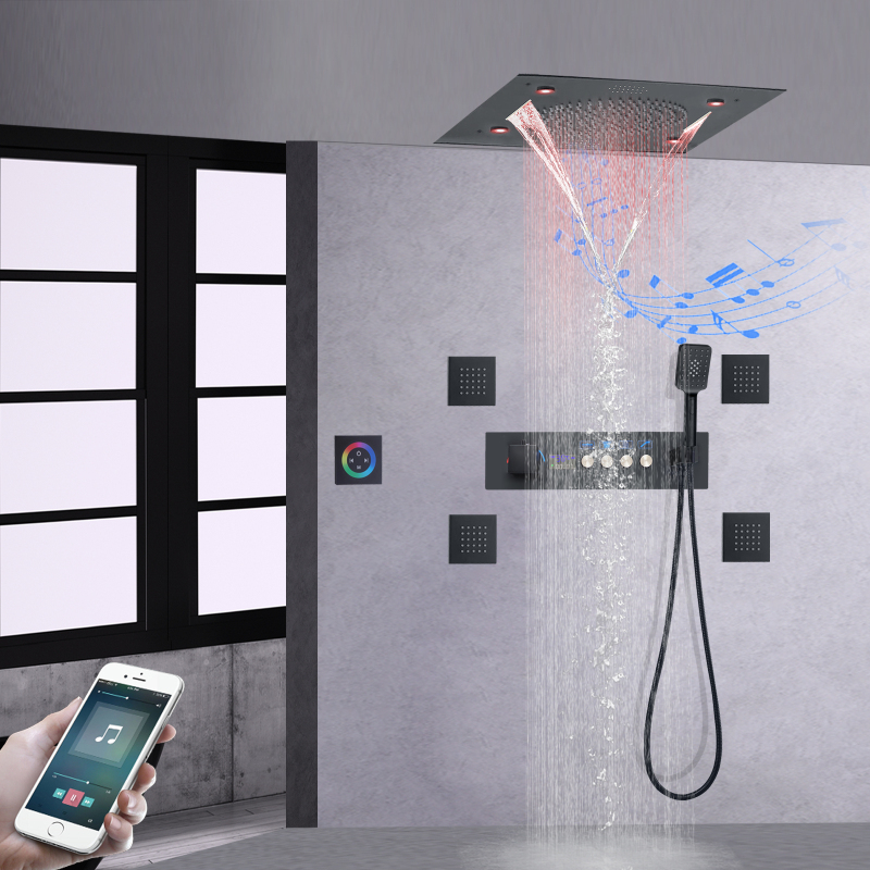 Preto fosco led torneira do chuveiro de aço inoxidável termostática display digital banheiro com função música cabeça chuveiro