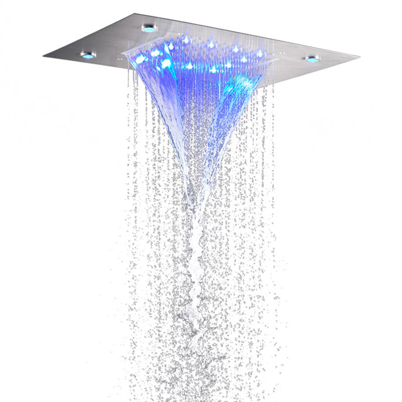 Moda níquel escovado 50x36 cm misturador de chuveiro chuva led 7 cores banheiro bifuncional cachoeira sistemas chuvas