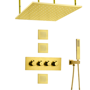 Conjunto de cabeça de chuveiro de chuva de ouro escovado 16 polegadas LED 3 cores que mudam a temperatura do banheiro Conjunto de chuveiros termostáticos