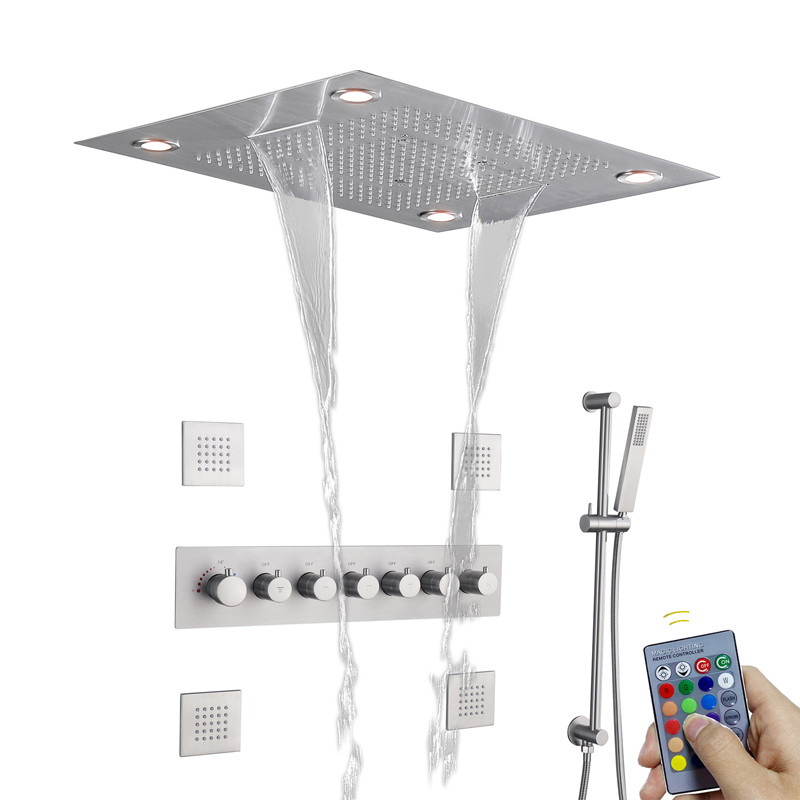 Níquel escovado LED Torneira de chuveiro multifuncional Cachoeira termostática chuva atomizadora com suporte manual