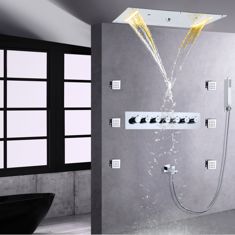 Conjunto de torneira de chuveiro de temperatura polida cromada 70X38 CM LED banheiro multifuncional spa massagem chuveiro