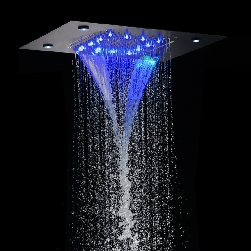 Preto fosco 50x36 cm cabeça de chuveiro preto novo design 7 cores led banheiro bifuncional cachoeira chuveiro spa