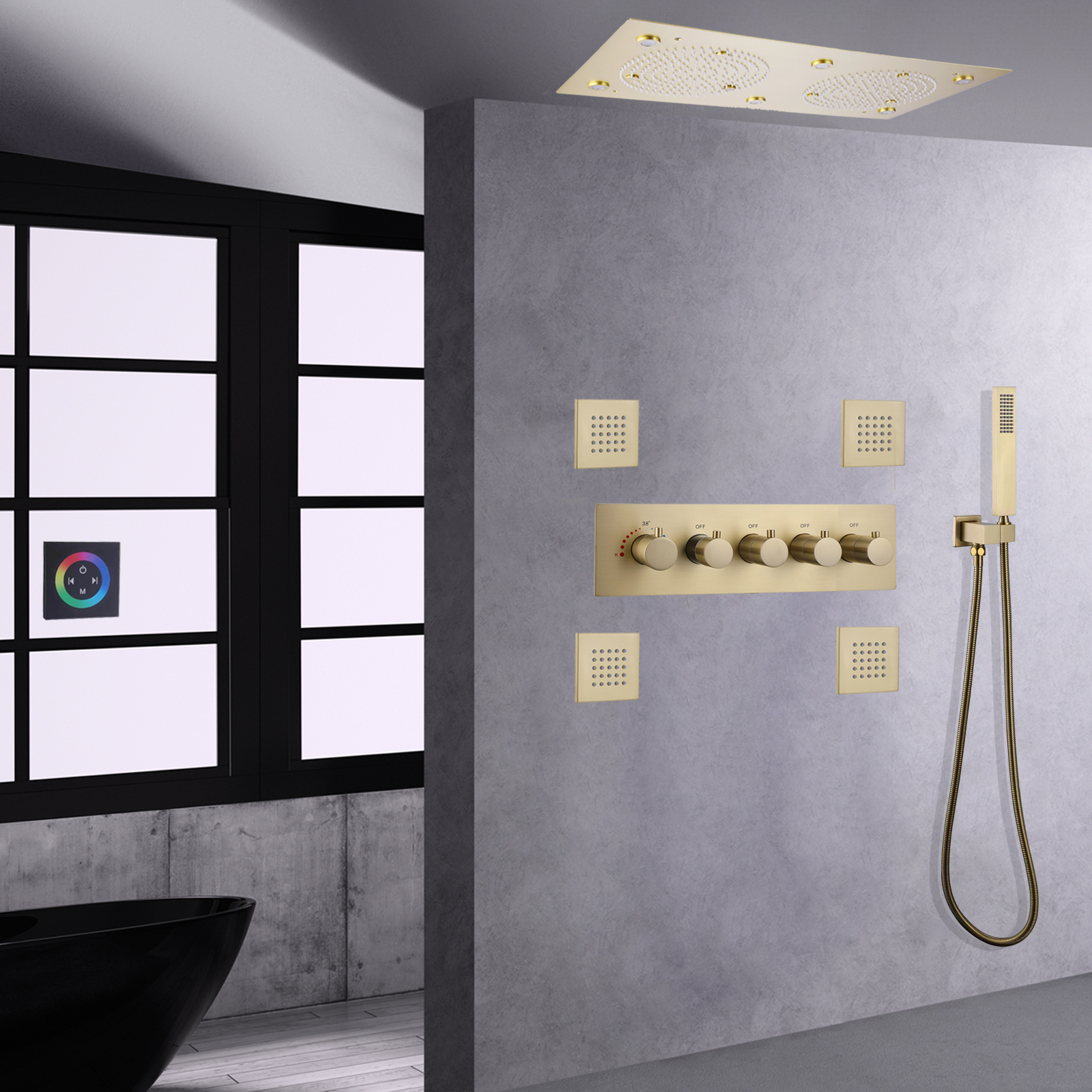 Cabeça de chuveiro termostática de ouro escovado, conjunto de torneira de chuveiro para banheiro com mangueira portátil