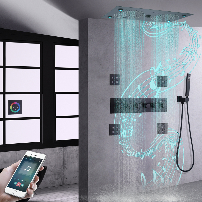 Misturador termostático preto fosco para chuveiro, 620*320mm, led, banheiro com música, sistema de chuveiro, conjunto com portátil