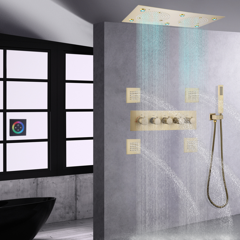 Conjunto misturador termostático de chuveiro, ouro escovado, 620*320mm, led, banheiro, sistema de chuveiro oculto com portátil