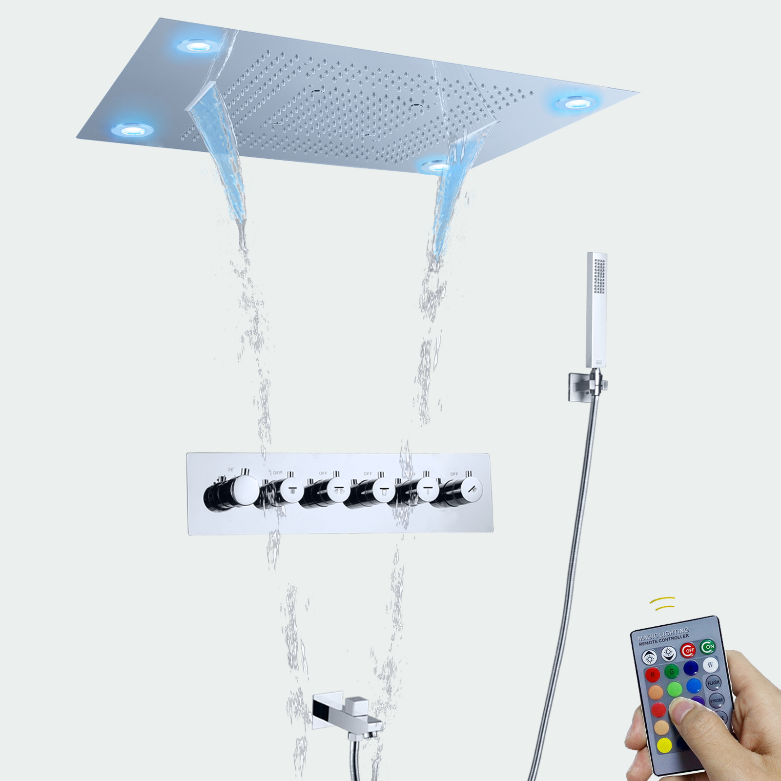 Luxo grande led chuva chuveiro cabeça 800*600mm cromo 5 maneiras massagem cachoeira termostática conjunto de chuveiro chuvas