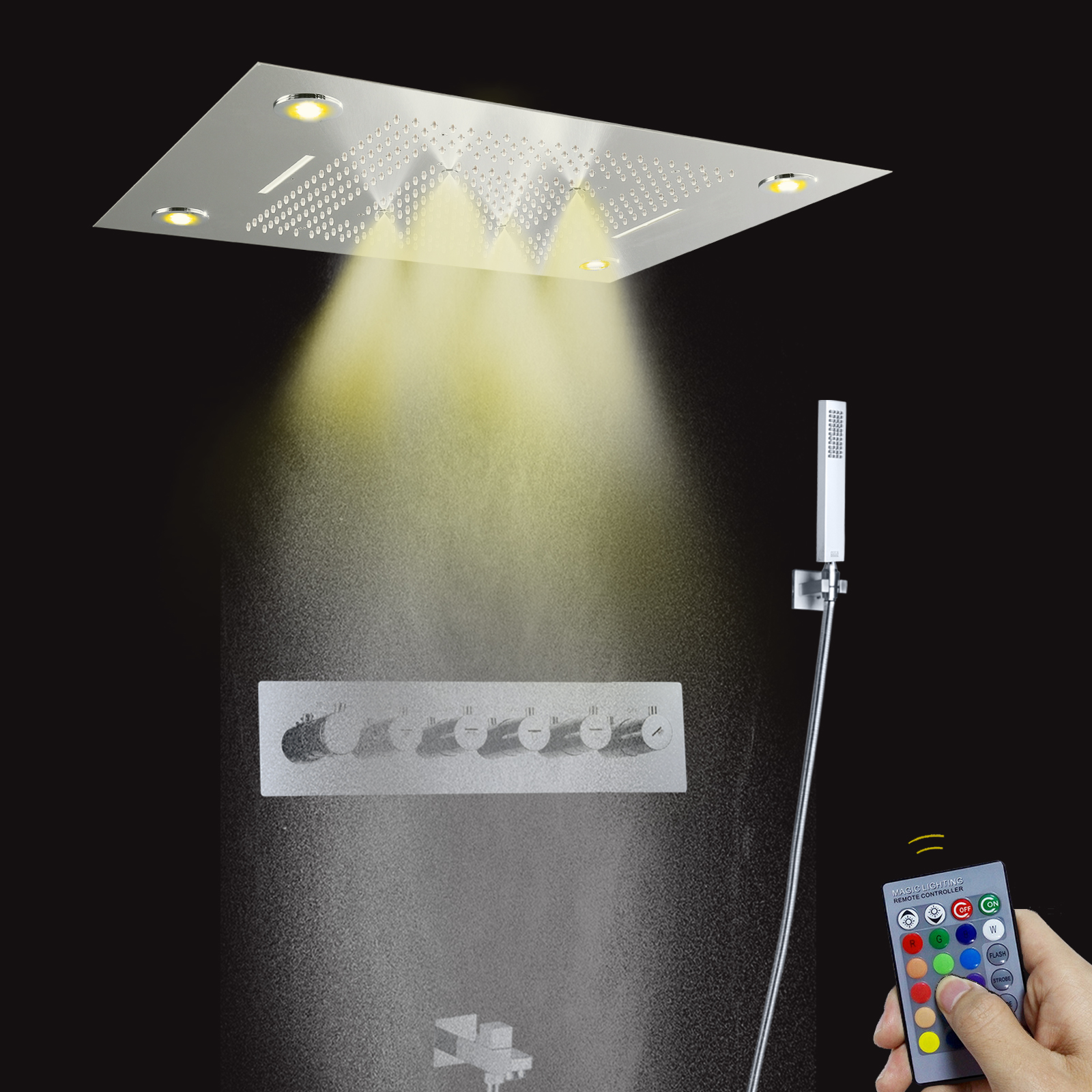 Luxo grande led chuva chuveiro cabeça 800*600mm cromo 5 maneiras massagem cachoeira termostática conjunto de chuveiro chuvas