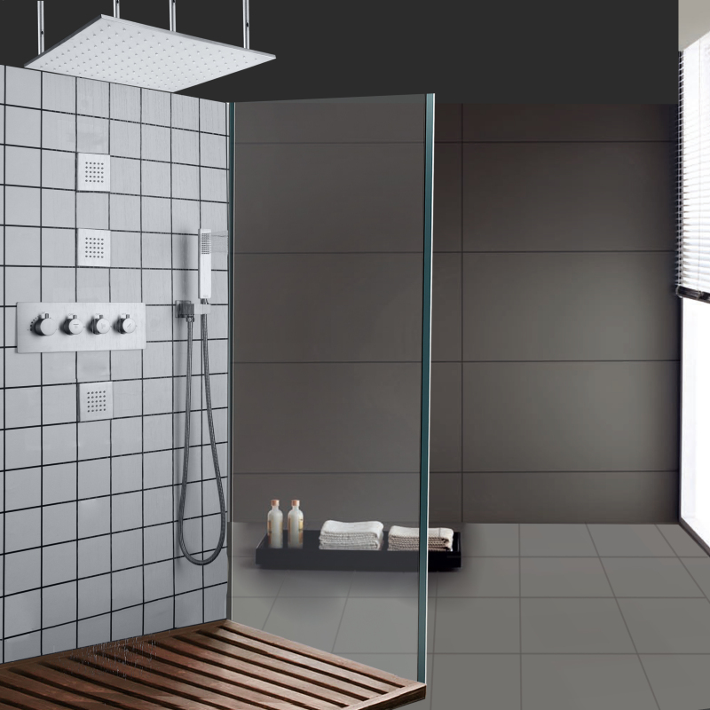 Conjunto de torneira de chuveiro termostática de níquel escovado, 16 polegadas, LED, banheiro, suporte de cabeça de chuveiro ajustável com bico portátil