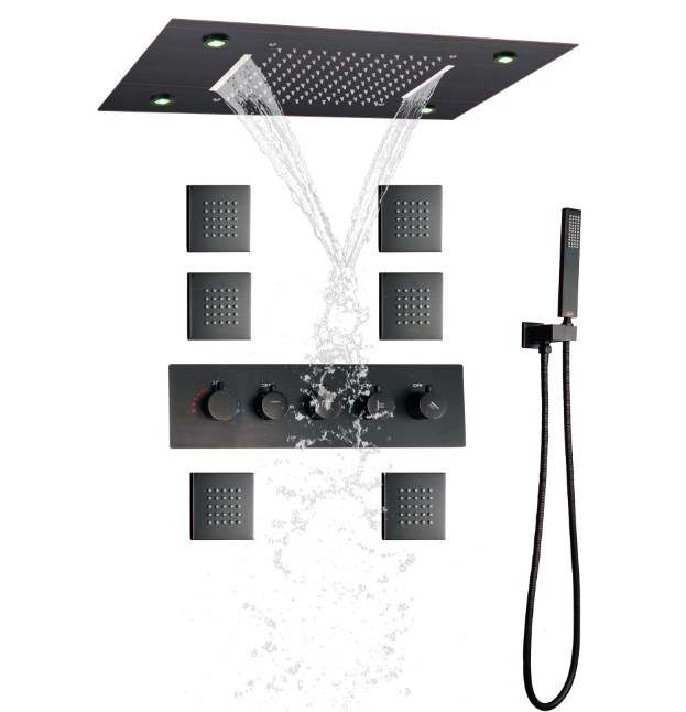 Óleo friccionado bronze sistema de chuveiro termostático chuva 14x20 Polegada led banheiro chuveiro misturador conjunto cachoeira chuvas cabeça chuveiro