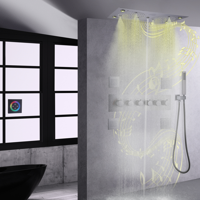 Conjunto de sistema de chuveiro termostático cinza, arma, 620*320mm, led, banheiro com música, massagem multifuncional, bico de cabeça de chuveiro