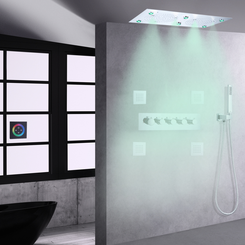 Conjunto de torneiras de chuveiro polidas cromadas 620 * 320 mm LED banheiro termostático misturador de chuveiro oculto com portátil