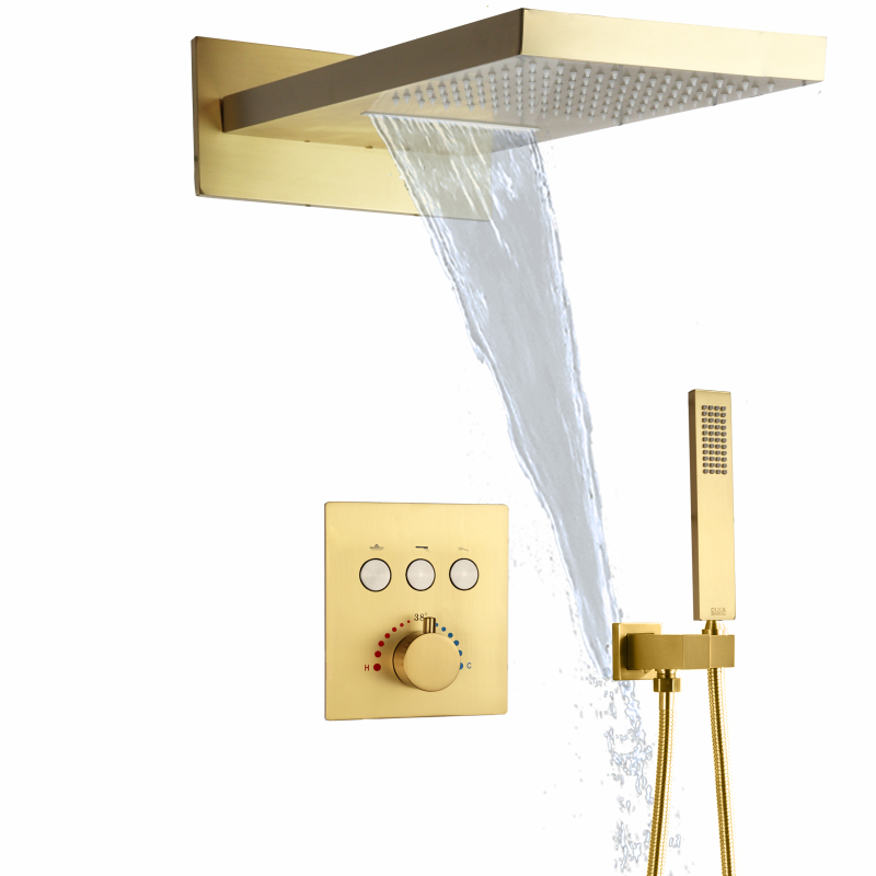 Chuveiro termostático de ouro escovado, conjunto de chuveiro cascata montado na parede com portátil