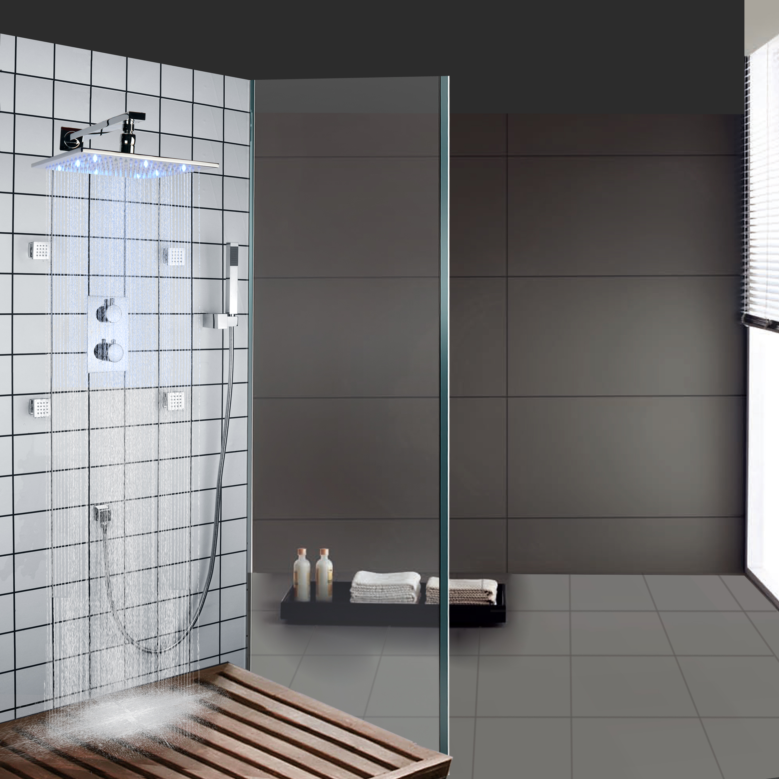 Conjunto de chuveiro de banheiro polido cromado Chuva Douche Massagem LED Mudança de temperatura de 3 cores