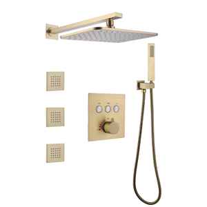 Misturador termostático de chuveiro dourado escovado, 28x18 cm, instalação na parede, massagem, chuveiro spray de chuva
