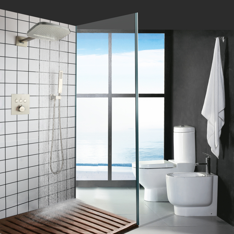 Conjunto de chuveiro de banho de níquel escovado banheiro termostática chuvas cachoeira montado na parede cabeça de chuveiro com portátil