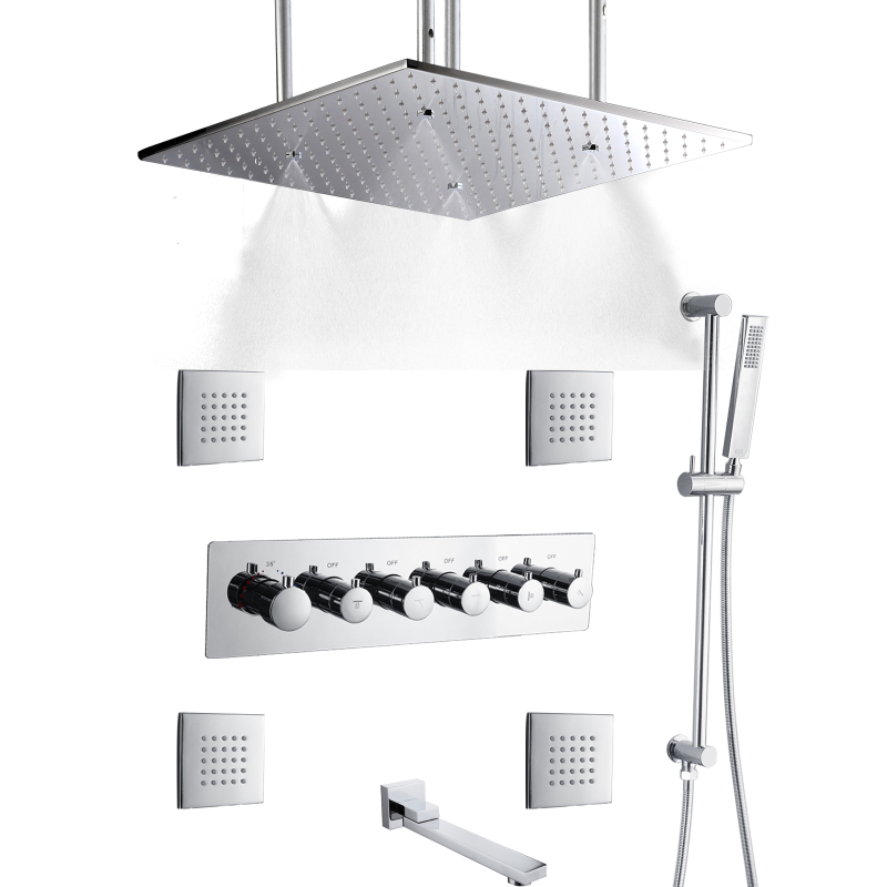Conjunto de chuveiro termostático polido cromado, chuveiro de 20 polegadas, chuva atomizadora, LED, spa, sistema de chuveiro montado no teto