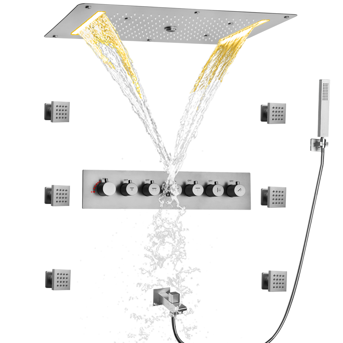 Níquel escovado grande sistema de cabeça de chuveiro multifuncional termostática montado na parede painel misturador cascata chuvas