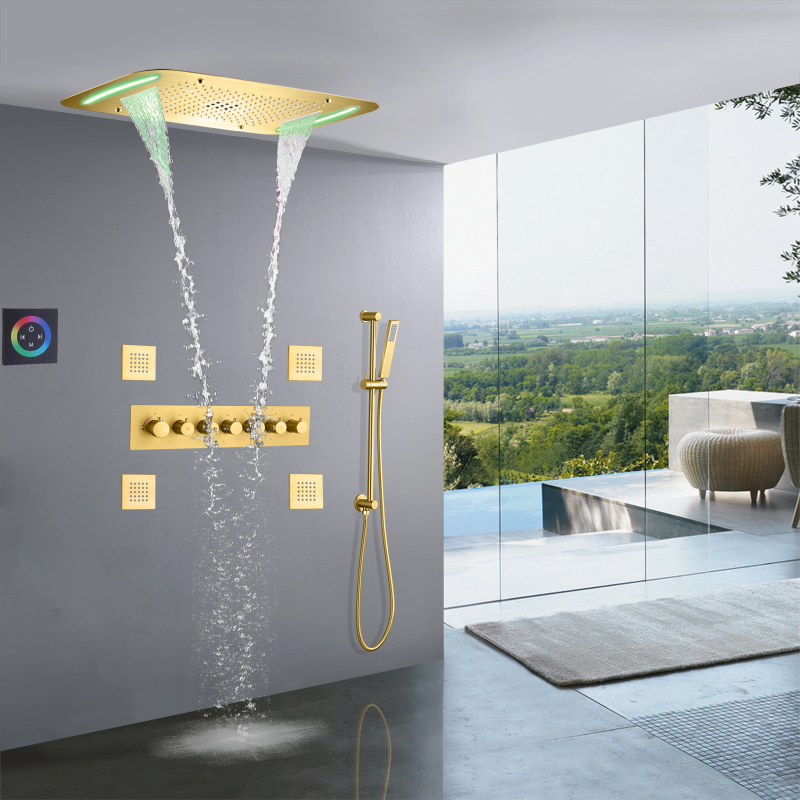 Luxo escovado ouro termostática cabeça de chuveiro 710x430 mm led banheiro multifuncional cachoeira chuvas conjunto