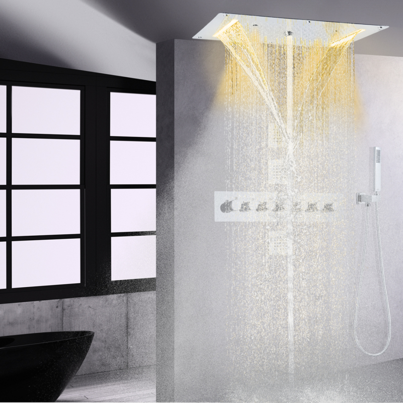 700X380 MM Cromo Polido Banho Termostático Sistema de Chuveiro Teto Cabeça de Chuveiro LED Cachoeira Spray Chuvas