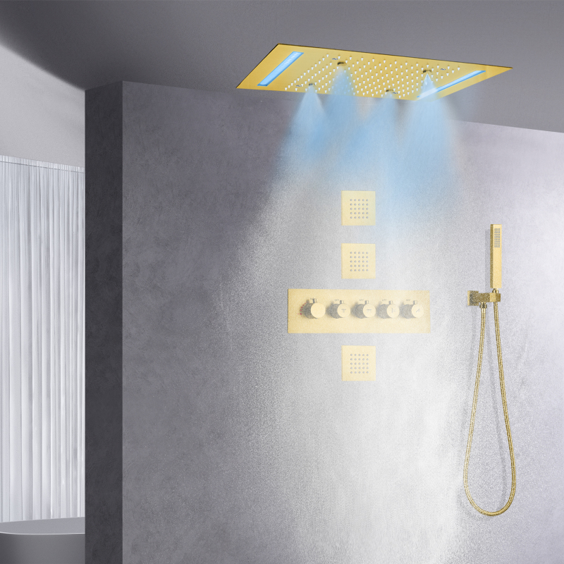 Chuvas de ouro escovado led sistema de chuveiro conjunto 14x20 Polegada teto montado retângulo grande banheiro luxo cabeça chuveiro