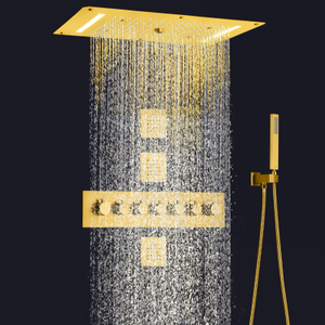 Ouro escovado luxuoso sistema de chuveiro termostático led escondido chuvas cachoeira chuveiro misturador massagem
