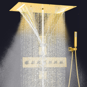 Ouro termostático polido 700x380mm luxuoso led sistema de chuveiro de teto chuvas cachoeira misturador de chuveiro com suporte manual