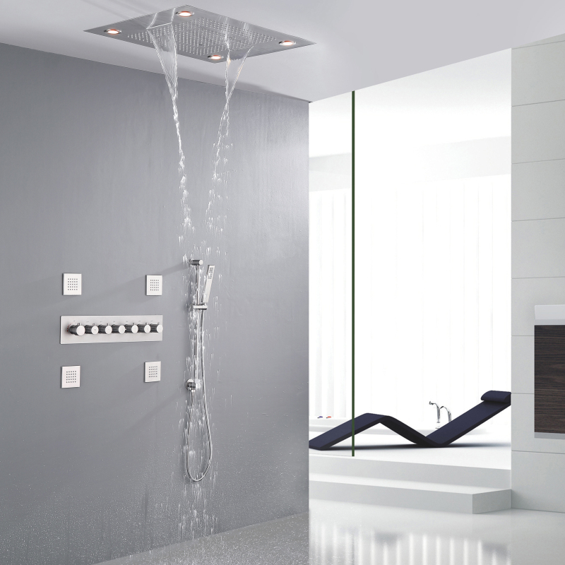 Níquel escovado termostático 24 x 31 polegadas controle remoto LED painel massagem chuveiro conjunto cachoeira chuvas