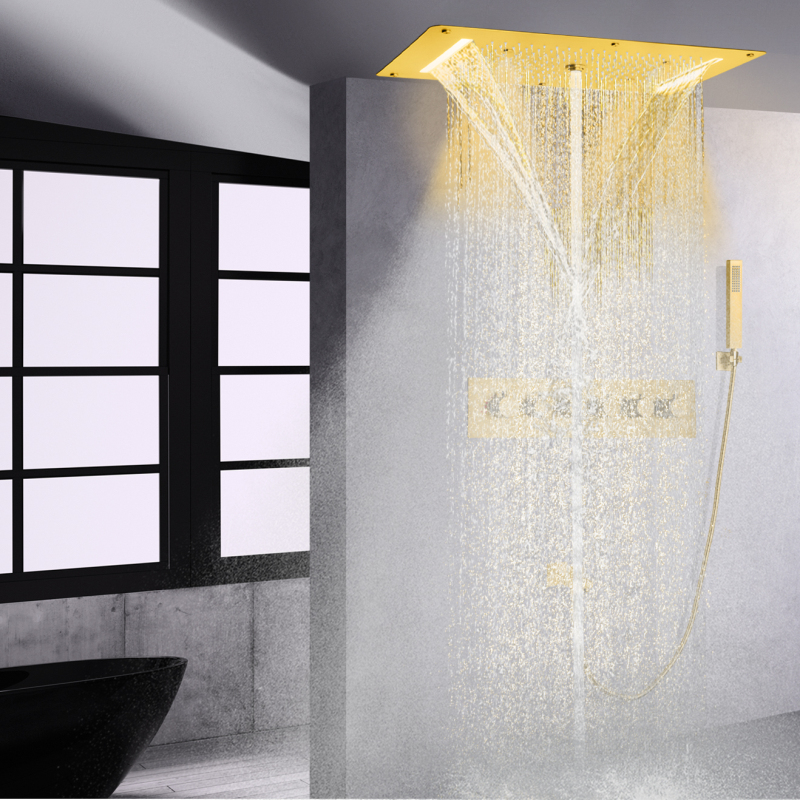 Moderno sistema de chuveiro termostático escovado ouro led embutido teto banho chuveiro chuva cachoeira