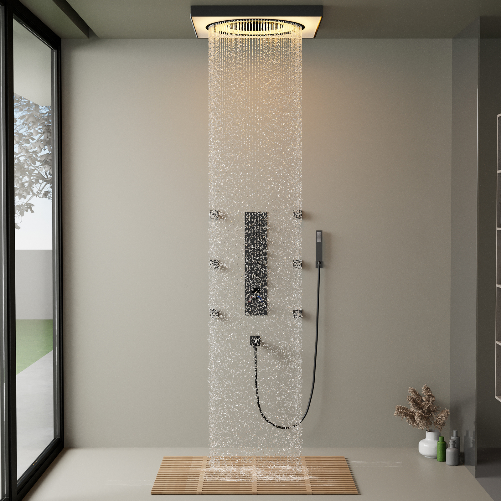 Conjuntos de chuveiros termostáticos com válvula de chuveiro híbrida multifuncional LED
