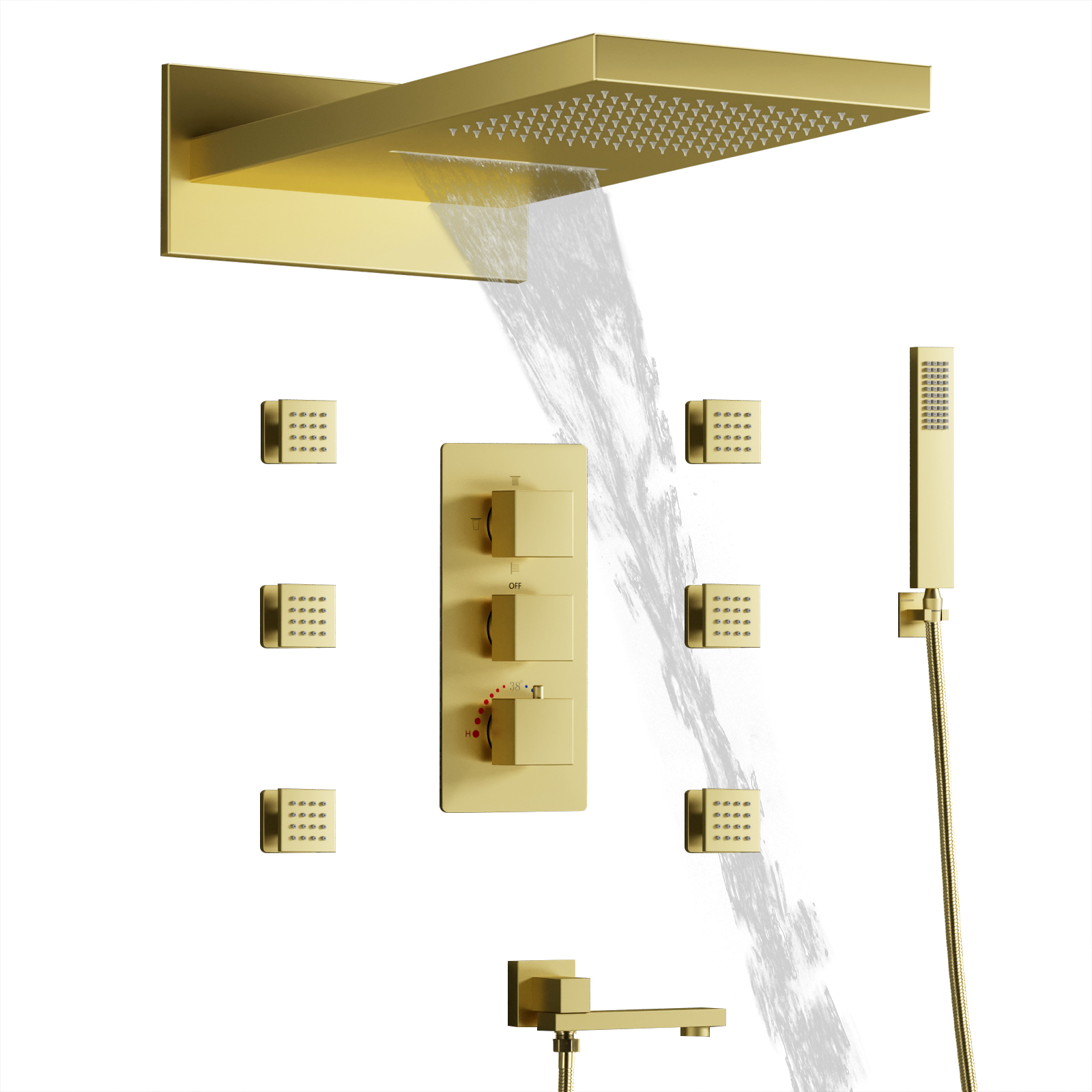 Conjunto de cabeça de chuveiro dourado luxuoso, misturador, chuveiro, cascata, com torneira quadrada moderna e portátil