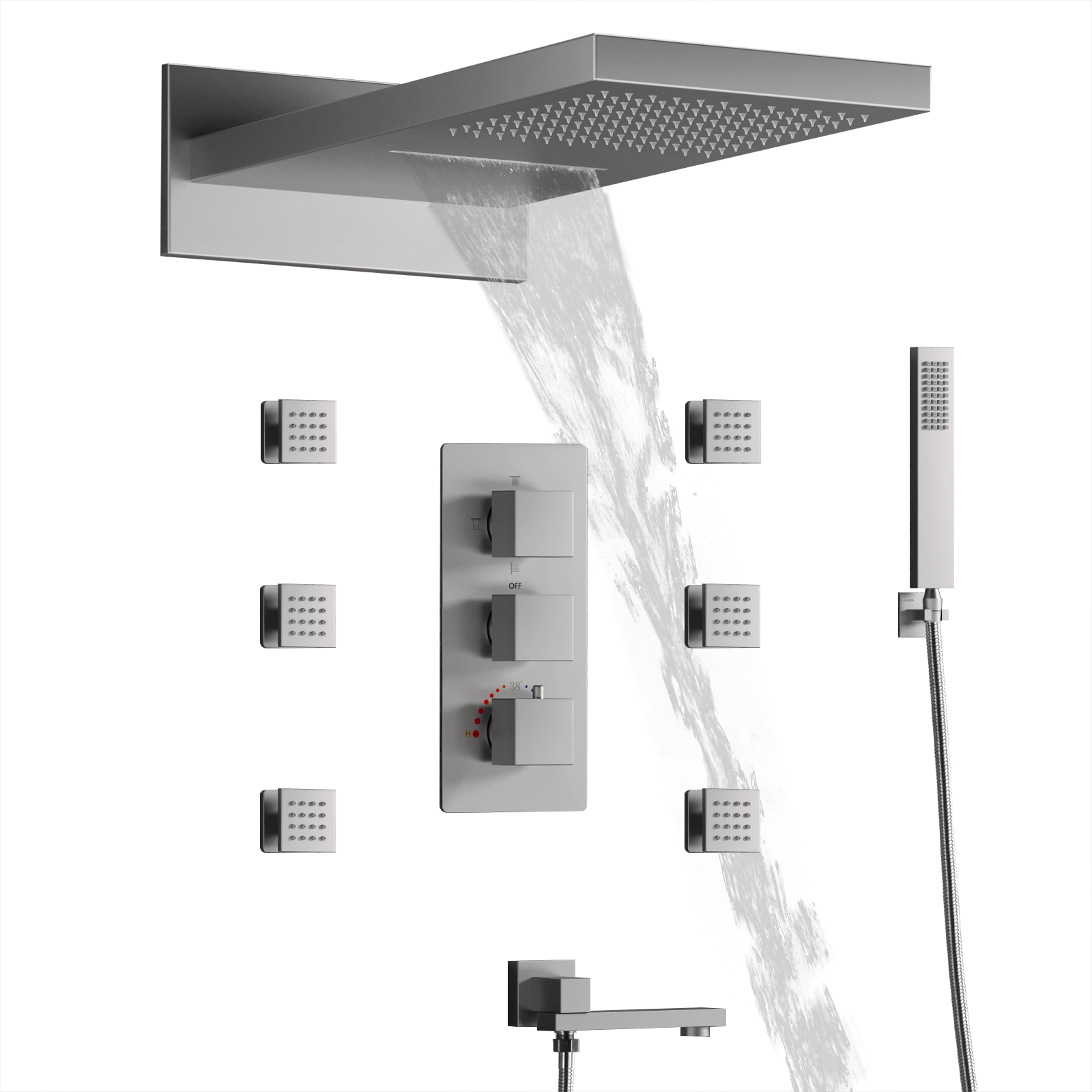 Luxo escovado latão termostática válvula de chuveiro cachoeira floresta tropical massagem spa torneira do chuveiro conjunto