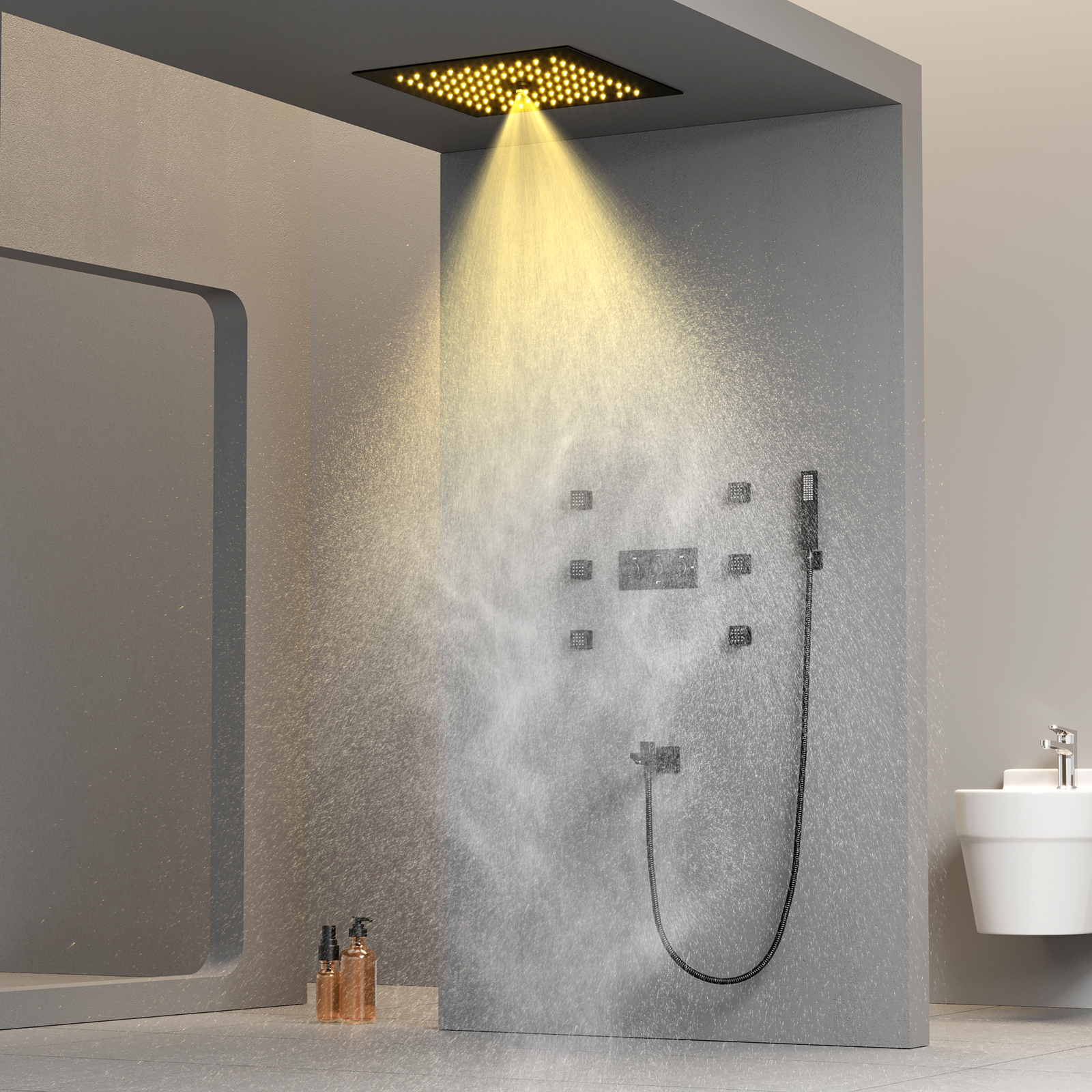 300*300mm Válvula misturadora de chuveiro de temperatura constante Cabeça de chuveiro de chuva LED Conjunto de sistema de chuveiro leve